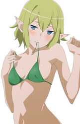  absurdres bikini bikini_in_mouth blue_eyes blush breasts clothes_in_mouth collarbone dungeon_ni_deai_wo_motomeru_no_wa_machigatteiru_darou_ka elf female green_bikini green_hair hands_up highres looking_at_viewer medium_hair navel pointy_ears ryu_lion shou937 simple_background small_breasts solo swimsuit untied_bikini untied_bikini_top upper_body white_background 