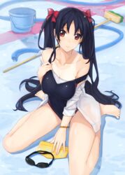  bare_legs barefoot billion_(billion0103) black_hair bow bracelet breasts broom brown_eyes bucket cleavage collarbone competition_swimsuit empty_pool female goggles hairbow hose jewelry large_breasts long_hair looking_at_viewer off_shoulder one-piece_swimsuit one-piece_tan open_clothes open_shirt original pool see-through shirt sitting smile solo strap_slip swim_cap swimsuit tan tanlines twintails unworn_goggles very_long_hair wariza water 