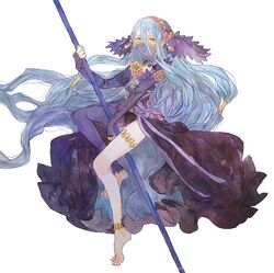  azura_(fire_emblem) azura_(performing_arts)_(fire_emblem) barefoot blue_hair commentary_request female fire_emblem fire_emblem_fates fire_emblem_heroes holding long_hair looking_at_viewer pantyhose shourou_kanna simple_background single_leg_pantyhose solo staff thighhighs veil wavy_hair white_background 