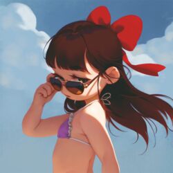  alkemanubis arm_up bikini bikini_top bow brown_hair cloud female from_side green_eyes hairbow highres lolicon long_hair looking_to_the_side open_mouth original outdoors purple_bikini_top removing_eyewear ribbon sky solo sunglasses swimsuit upper_body wind 