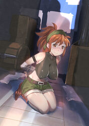  absurdres arm_strap arms_behind_back belt boots bound bound_wrists bow_(bhp) breasts brown_eyes brown_footwear brown_hair character_request chinese_commentary commentary commission covered_nipples crop_top female full_body green_shorts hair_ribbon highres impossible_clothes large_breasts legs_together looking_at_viewer medium_hair midriff mixed-language_commentary nervous_smile on_floor ponytail restrained ribbon shorts sitting skin_tight sleeveless smile solo storage_room sweatdrop tales_of_(series) tales_of_destiny_2 tape tape_bondage treasure_chest 