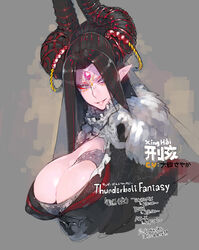  black_hair blue_eyes breasts cleavage commentary_request covered_nipples female forehead_jewel highres horn_ornament horn_ring horns large_breasts long_hair looking_at_viewer namaniku_atk photoshop_(medium) pointy_ears purple_eyes sagging_breasts smile solo thunderbolt_fantasy xing_hai 