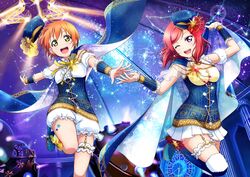  2girls aquarius_(symbol) aries_(constellation) aries_(symbol) artist_request astronomical_clock bridal_garter cancer_(symbol) cape cape_hold capricorn_(constellation) capricorn_(symbol) cassiopeia_(constellation) column constellation constellation_costume constellation_print earrings gemini_(constellation) gemini_(symbol) highres hoshizora_rin idol jewelry leo_(symbol) love_live! love_live!_school_idol_festival love_live!_school_idol_project multiple_girls nishikino_maki official_art one_eye_closed open_mouth pillar pisces_(symbol) planetarium projector sagittarius_(constellation) sagittarius_(symbol) scorpio_(symbol) scorpius_(constellation) short_hair smile star_(sky) starry_sky_print taurus_(symbol) virgo_(symbol) 