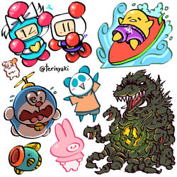  1:1 ambiguous_gender biollante bodily_fluids bomberman character_request clothing cricetid fin fish giant_panda godzilla_(series) group hamster hello_kitty mammal marine ms_paint multiple_images my_melody no_pupils one_eye_closed onegai_my_melody open_mouth panic pink_clothing rodent sanrio simple_background surfboard sweat swimming_trunks swimwear teeth terinyaki toho tongue ursid water white_background 