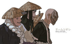  3boys bald black_hair character_name character_profile closed_mouth commentary english_commentary fisher903 forehead_protector hat japanese_clothes kimono lips long_hair male_focus mask multiple_boys naruto naruto_(series) ninja open_mouth reference_sheet shiore_(naruto) smile straw_hat teeth upper_body white_background 