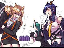  3girls animal_ears arknights bed belt belt_buckle biting_own_lip black_gloves black_jacket blonde_hair blue_hair blue_jacket blush blush_stickers breasts breath buckle ch&#039;en_(arknights) clenched_teeth dragon_girl dragon_horns drooling gloves green_eyes green_hair hair_over_one_eye heart heart-shaped_pupils heavy_breathing horns hoshiguma_(arknights) in_heat jacket large_breasts long_hair motion_lines multiple_girls navel necktie oerba_yun_fang one_eye_covered oni open_mouth red_eyes round_bed ryuusei_(mark_ii) saliva shirt signature single_horn skin-covered_horns smile sweat sweatdrop swire_(arknights) symbol-shaped_pupils teeth tiger_ears tiger_girl undressing white_shirt yellow_necktie yuri 