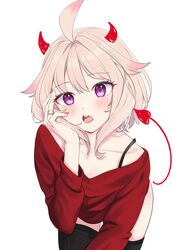  :o absurdres ahoge alternate_hair_color alternate_hairstyle black_thighhighs blonde_hair blush bob_cut collarbone demon_horns demon_tail enna_alouette eyelashes female highres horns looking_to_the_side nijisanji nijisanji_en no_wings off_shoulder purple_eyes red_hair red_sweater seiji_kimoti short_hair solo sweater tail thighhighs virtual_youtuber white_background 