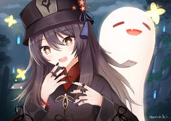  :d absurdres artist_name black_hat black_nails boo_tao_(genshin_impact) brown_eyes bug butterfly female flower genshin_impact ghost hair_between_eyes hat hat_ornament highres hu_tao_(genshin_impact) jewelry long_hair long_sleeves looking_at_viewer nail_polish namakisama night oerba_yun_fang open_mouth outdoors parted_lips red_eyes ring smile solo symbol-shaped_pupils yellow_butterfly 