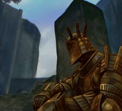  1boy armor dark_souls_(series) dark_souls_i from_side full_armor gauntlets gold_armor helm helmet highres knight_lautrec_of_carim male_focus outdoors pauldrons profile shoulder_armor sitting sleepysolaire solo 