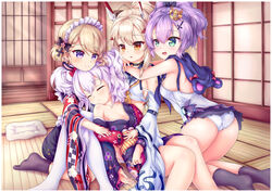  4girls absurdres ass ayanami_(azur_lane) azur_lane bad_id bad_pixiv_id bare_shoulders black_choker blonde_hair blue_sailor_collar breasts camisole choker cleavage cross cross_hair_ornament crown green_eyes hair_ornament headgear high_ponytail highres indoors iron_cross jacket japanese_clothes javelin_(azur_lane) kimono laffey_(azur_lane) laffey_(snow_rabbit_and_candy_apple)_(azur_lane) light_brown_hair lndrmnn medium_hair mini_crown multiple_girls official_alternate_costume orange_eyes panties pink_jacket platinum_blonde_hair purple_eyes purple_hair retrofit_(azur_lane) sailor_collar sleeping small_breasts socks tatami tilted_headwear twintails underwear white_camisole white_hair white_panties z23_(azur_lane) z23_(cafe_trainee_@new_base)_(azur_lane) 