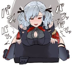  1boy ^^^ absurdres black_thighhighs blush breasts button_gap cleavage commentary_request doggy_style drooling earpiece facing_viewer female full_body girls&#039;_frontline grey_hair highres kurozukin_(th_krz_890) large_breasts medium_hair partially_unbuttoned red_eyes sex sex_from_behind short_twintails silhouette skindentation solo_focus spas-12_(girls&#039;_frontline) straight thighhighs twintails 