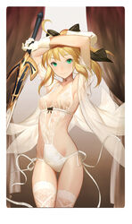  :&gt; ahoge armpits arms_up artoria_pendragon_(fate) blonde_hair breasts caliburn_(fate) choker closed_mouth commentary covered_navel cowboy_shot fate/grand_order fate_(series) female green_eyes leotard lingerie ponytail saber_lily salmon88 sidelocks small_breasts smile solo sword teddy_(lingerie) thighhighs underwear weapon white_thighhighs 