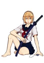  absurdres barefoot blonde_hair brown_eyes commentary_request digital_media_player female headphones highres ipod ipod_nano katana miniskirt original pleated_skirt school_uniform serafuku sheath sitting skirt solo sword tetsuo_(huvac-akiro) weapon 