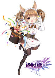  :d ;d \m/ animal_ears apron bad_id bad_pixiv_id black_bow black_hat black_skirt black_thighhighs blunt_bangs blush blush_stickers bow bowtie brown_bow brown_bowtie brown_eyes brown_footwear brown_hair collared_shirt confetti copyright_name corset elbow_gloves female frilled_apron frilled_gloves frilled_sleeves frilled_thighhighs frills full_body gloves hairbow hat head_tilt heart heart-shaped_pupils high_heels highres kangaroo kangaroo_girl long_hair looking_at_viewer maid mini_hat mini_top_hat mvv noah_fantasy official_art one_eye_closed open_mouth outstretched_arms photoshop_(medium) pink_bow shirt sidelocks simple_background skirt sleeveless sleeveless_shirt smile solo spread_arms standing standing_on_one_leg star_(symbol) symbol-shaped_pupils teeth thighhighs top_hat twintails unworn_hat unworn_headwear upper_teeth_only waist_apron white_apron white_background white_gloves white_shirt 