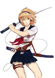  absurdres belt blonde_hair brown_eyes commentary_request digital_media_player female headphones highres ipod ipod_nano katana miniskirt original pleated_skirt school_uniform serafuku sheath skirt solo sword tetsuo_(huvac-akiro) weapon 