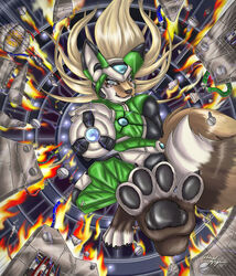 anthro armor blonde_hair blue_eyes buster_arm canid canine capcom destruction digital_media_(artwork) digitigrade exposed_wires eyeball falling feet female fennec_fox fire foot_focus fox hair hi_res hindpaw mammal mega_man_(series) pawpads paws rena_ayama screws soles solo tail toes true_fox weapon wreckage