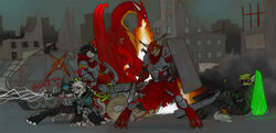 anthro breath_powers canid canine canis clothed clothing digital_media_(artwork) dragon electricity elemental_manipulation felid fight fire fire_breathing fire_manipulation group gun heavy_armor heavy_weapons lightning magic_user male mammal membrane_(anatomy) membranous_wings mythological_creature mythological_scalie mythology pav ranged_weapon rifle scalie tail weapon wings wolf