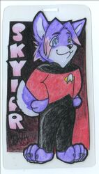 2010 anthro blue_eyes canid canine canis clothing hair male mammal multicolored_hair name_badge pink_hair purple_hair skylar_wing solo spiffy_fox_kili star_trek star_trek_the_next_generation tail two_tone_hair uniform wolf