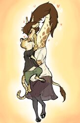  2017 absurd_res anthro blush bottomwear brown_hair carrying_another cheek_tuft closed_eyes clothing deep_throat desmond_(zootopia_fan_character) digit_ring disney duo extreme_french_kiss facial_tuft fan_character felid female french_kissing fur giraffe giraffid gradient_background hair heart_symbol hi_res hooves horn husband_and_wife jaguar jewelry kissing legwear long_tongue male male/female mammal markings married_couple molly_(zootopia_fan_character) neck_bulge nobby_(artist) oral oral_penetration ossicone pantherine paws penetration predator/prey ring romantic romantic_couple shirt simple_background size_difference skirt spots spotted_body spotted_fur standing thigh_highs tongue topwear tuft wedding_ring yellow_background zootopia 