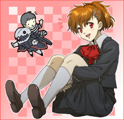  1boy :d bream-tan brown_hair commentary_request female gekkoukan_high_school_uniform hair_ornament hairpin highres hugging_own_legs kneehighs open_mouth persona persona_3 persona_3_portable pharos red_eyes school_uniform shiomi_kotone sitting smile socks thanatos_(persona) 