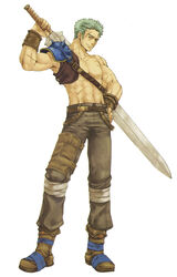  1boy abs boots dieck_(fire_emblem) fire_emblem fire_emblem:_the_binding_blade full_body green_hair highres kaneda_eiji male_focus official_art scar simple_background solo sword topless_male weapon white_background 