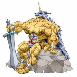  1:1 abs anthro bandai_namco biceps big_muscles bodily_fluids bulge clothing digimon digimon_(species) gabumon hi_res huge_muscles hyper hyper_muscles male melee_weapon muscular muscular_anthro muscular_male nipples pecs red_eyes reptile scalie simple_background solo sweat sword thong underwear weapon white_background wolfiecanem 