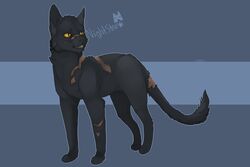  3:2 ambiguous_gender arm_scar back_scar black_body black_fur character_name chest_scar dannoitanart digital_drawing_(artwork) digital_media_(artwork) domestic_cat english_text facial_scar felid feline felis feral fur hi_res male_(lore) mammal nightstar_(shadowclan)_(warriors) paws scar shaded shoulder_scar simple_background snout snout_scar soft_shading solo standing tail tail_scar teeth text warriors_(book_series) whiskers yellow_eyes 