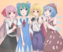  4girls antennae ascot bad_id bad_pixiv_id bird_wings blonde_hair blue_dress blue_eyes blue_hair blush brown_dress brown_eyes cape cirno cirno_(cosplay) cosplay costume_switch dress gradient_background green_hair hair_ornament hair_ribbon hat highres ice ice_wings long_sleeves looking_at_viewer looking_up multiple_girls mystia_lorelei mystia_lorelei_(cosplay) open_mouth orange_background pants pink_hair puffy_sleeves red_eyes ribbon rumia rumia_(cosplay) sail_(blacksail) shirt short_hair short_sleeves skirt skirt_set smile team_9_(touhou) touhou vest wings wriggle_nightbug wriggle_nightbug_(cosplay) 