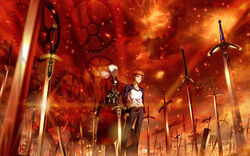  2boys archer_(fate) berserk bleach caliburn_(fate) claymore_(sword) commentary_request dragonslayer_(sword) emiya_shirou excalibur_(fate/stay_night) fate/stay_night fate_(series) field_of_blades gears highres male_focus multiple_boys multiple_swords multiple_weapons orange_hair photoshop_(medium) raglan_sleeves skyt2 sword unlimited_blade_works_(fate) weapon white_hair zangetsu_(bleach) 