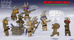 anthro bodily_fluids christmas deer dialogue donner english_text gaming group holiday_message holidays humor kobb kobbers male mammal new_world_deer outside pun reindeer rudolph_the_red-nosed_reindeer snow tears teenage_mutant_ninja_turtles text weapon