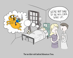 adventure_time bed canid canine canis cartoon_network coma coma_copout delusional dialogue digital_media_(artwork) doctor domestic_dog dream english_text female finn_the_human furniture group hospital human humor jake_the_dog male mammal minerva_campbell_(adventure_time) not_furry on_bed on_model text the_truth unconscious under_covers unknown_artist