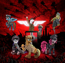 alicorn applejack_(mlp) barbed_wire blue_body blue_feathers blue_fur clothing coat cutie_mark earth_pony equid equine eyewear feathered_wings feathers female feral field_cap fluttershy_(mlp) friendship_is_magic fur group hair hammer hasbro horn horse howitzer industry mammal military moderatelydeviant monocle multicolored_hair my_little_pony mythological_creature mythological_equine mythology nazi pegasus pinkie_pie_(mlp) police police_baton pony princess princess_celestia_(mlp) quadruped rainbow_dash_(mlp) rainbow_hair rarity_(mlp) royalty service_cap tail tools topwear unicorn uniform waffen-ss wings yellow_body yellow_feathers