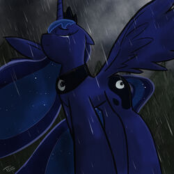 1:1 alicorn blue_body blue_feathers bodily_fluids cloud crying cutie_mark equid equine feathered_wings feathers female feral friendship_is_magic hasbro horn jewelry mammal moon my_little_pony mythological_creature mythological_equine mythology necklace outside overcast princess_luna_(mlp) quadruped raining restricted_palette sky solo sparkles standing tail tears thedracojayproduct wings