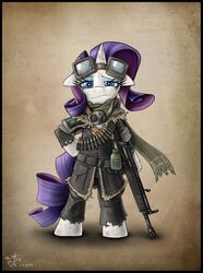 2012 anthro anthrofied black_border blackmorass blue_eyes border clothing equid equine eyewear female friendship_is_magic goggles gun hair hasbro hi_res horn looking_at_viewer mammal my_little_pony mythological_creature mythological_equine mythology purple_hair ranged_weapon rarity_(mlp) solo tail unicorn weapon