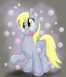 blonde_hair bubble cross-eyed cutie_mark derpy_hooves equid equine feathered_wings feathers female feral friendship_is_magic grey_body grey_feathers hair hasbro mammal my_little_pony mythological_creature mythological_equine mythology pegasus quadruped simple_background solo standing tail thedracojayproduct tongue tongue_out wings yellow_eyes