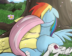 2012 angel_(mlp) barefoot blue_body blue_feathers blue_fur blush closed_eyes cloud cuddling cutie_mark day digital_drawing_(artwork) digital_media_(artwork) equid equine eyebrows eyelashes feathered_wings feathers feet female feral flower fluttershy_(mlp) friendship_is_magic fur glistening glistening_body glistening_feathers glistening_fur glistening_hair grass group hair hasbro hi_res hooves hug lagomorph leporid light long_ears long_hair lying mammal mountain multicolored_hair my_little_pony mythological_creature mythological_equine mythology nature nude on_back open_mouth outside pegasus pink_hair pink_tongue pivoted_ears plant prick_ears rabbit rainbow_dash_(mlp) rainbow_hair shaded shadow shrub sky sleeping smile snout soft_shading sunlight teeth thedracojayproduct tomboy tongue tree whiskers wings wood yellow_body yellow_feathers yellow_fur