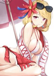  azur_lane bare_shoulders beach_umbrella bikini bikini_top_only blonde_hair braid breasts choker collarbone commentary crown_braid earrings eyewear_on_head female flower hair_flower hair_ornament highres hoshimiya_mashiro jewelry large_breasts looking_at_viewer official_alternate_costume prince_of_wales_(azur_lane) prince_of_wales_(sun_shining_upon_windsor)_(azur_lane) red_choker red_eyes sarong short_hair sideboob simple_background sitting smile solo sunglasses swept_bangs swimsuit umbrella white_background white_bikini yokozuwari 