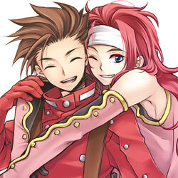  2boys blue_eyes brown_hair closed_eyes commentary_request gloves grin headband iwatsuki lloyd_irving long_hair looking_at_viewer lowres male_focus multiple_boys one_eye_closed open_mouth photoshop_(medium) red_hair red_shirt shirt smile tales_of_(series) tales_of_symphonia teeth zelos_wilder 