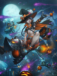  2boys 2girls :p amumu bag bandages blue_hair bomb bow broom broom_riding commentary corki english_commentary explosive facial_hair fingerless_gloves flat_chest flying gloves goggles hat hat_bow hat_ribbon highres jack-o&#039;-lantern jinx_(league_of_legends) league_of_legends lulu_(league_of_legends) md5_mismatch midriff moon moustache multiple_boys multiple_girls navel night night_sky photoshop_(medium) poro_(league_of_legends) propeller red_eyes ribbon shoes sky speh thighs tongue tongue_out watermark web_address witch_hat 