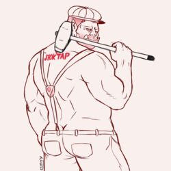  1:1 2017 alexyorim ass back_muscles biceps bottomwear clothing hi_res humanoid looking_at_viewer looking_back male muscular muscular_humanoid muscular_male newsboy_cap not_furry orc orctober pants rear_view red_orctober russian_text simple_background solo stubble suspenders tattoo text tuskbuddy_exchange tusks 