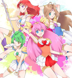  4girls ai_tenshi_densetsu_wedding_peach angel_daisy angel_lily angel_salvia ayamoto blue_eyes bow brooch brown_eyes brown_hair commentary_request green_hair hanasaki_momoko heart heart_brooch jewelry long_hair magical_girl multiple_girls pink_hair purple_eyes red_hair scarlet_ohara short_hair sword tamano_hinagiku tanima_yuri weapon wedding_peach wing_brooch yellow_bow 