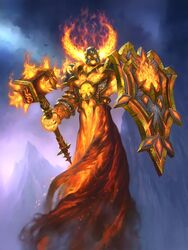  1boy elemental_(creature) fire hammer hearthstone helmet highres james_ryman light_persona mountain official_art ragnaros shield shoulder_pads warcraft world_of_warcraft 