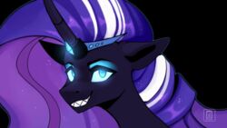  animated bust_portrait buvanybu crown dimond equid equine eyeshadow fangs female feral glowing glowing_eyes hasbro headgear horn idw_publishing looking_at_viewer makeup mammal my_little_pony my_little_pony_(idw) mythological_creature mythological_equine mythology nightmare_rarity_(idw) portrait short_playtime simple_background smile solo teeth tiara unicorn 