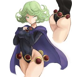  :/ breasts closed_mouth cosplay dc_comics female green_eyes green_hair highres looking_at_viewer medium_breasts one-punch_man rakeemspoon raven_(dc) raven_(dc)_(cosplay) short_hair simple_background solo tatsumaki teen_titans white_background 