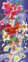  1990s_(style) ai_tenshi_densetsu_wedding_peach angel_daisy angel_lily angel_salvia arm_up blue_footwear bracelet choker closed_eyes earrings flower green_eyes hair_ornament hanasaki_momoko high_heels highres holding ichiishi_sayuri jewelry long_hair magical_girl miniskirt multiple_girls non-web_source official_art pink_hair pleated_skirt profile red_hair retro_artstyle scan scarlet_ohara short_hair skirt tamano_hinagiku tanima_yuri thighlet wedding_peach white_skirt 