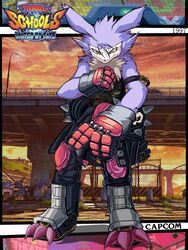  3:4 anthro bandai_namco belt bottomwear capcom claws clothing crossover digimon digimon_(species) fighting_pose fur gloves grey_body grey_fur handwear hi_res male pants pose rival_schools shirtless solo strabimon youwantstars 