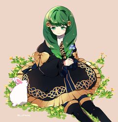  boots bow closed_mouth commentary_request female fire_emblem fire_emblem:_three_houses flayn_(fire_emblem) flower garreg_mach_monastery_uniform green_eyes green_hair guttary hair_ornament holding holding_flower long_hair long_sleeves rabbit sitting smile solo thigh_boots thighhighs uniform 