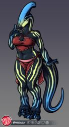  2022 3_toes 4_fingers anthro artist_logo belly big_breasts big_tail biped black_body black_eyes black_scales blue_body blue_claws blue_markings blue_scales blush bottomwear breasts cel_shading claws cleavage cleavage_cutout clothed clothing cutout digital_drawing_(artwork) digital_media_(artwork) digitigrade dinosaur extinct eyelashes feet female finger_claws fingers front_view fully_clothed gradient_background grey_background hadrosaurid hi_res humanoid_hands juliet_(drafteddragon) knock-kneed logo loincloth long_tail looking_at_viewer markings midriff multicolored_body multicolored_scales non-mammal_breasts ornithischian ornithopod parasaurolophus predaguy prehistoric_species red_bottomwear red_clothing red_loincloth red_topwear reptile scales scalie shaded simple_background slightly_chubby slightly_chubby_anthro slightly_chubby_female smile smiling_at_viewer snout solo standing striped_markings stripes tail tail_dimple tapering_tail thick_tail thick_thighs toe_claws toes topwear wide_hips yellow_body yellow_markings yellow_scales 