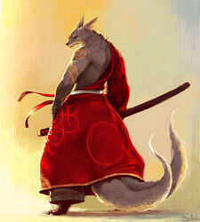 abstract_background amber_eyes anthro asian_clothing belt biceps biped black_nose canid canine claws clothed clothing east_asian_clothing fox fur grey_body grey_fur japanese_clothing katana kemono looking_at_viewer looking_back male mammal melee_weapon moodraw multi_tail muscular muscular_anthro muscular_male pose rear_view robe simple_background smile solo standing sword tail tattoo toe_claws topless weapon yellow_eyes