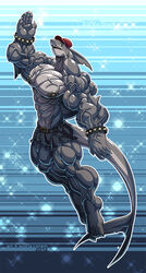 2013 4_toes 8-pack abs anthro barefoot biceps big_muscles biped blue_theme bulge claws clothed clothing cool_colors eric_(disambiguation) feet fish flexing heart_symbol hi_res huge_muscles looking_at_viewer male manly marine muscular muscular_anthro muscular_male nipples pattern_background pecs pose ranged_weapon shark simple_background smile solo spikes standing teeth toes topless vein venom124 weapon wolfiecanem y2k_(graphic_design)